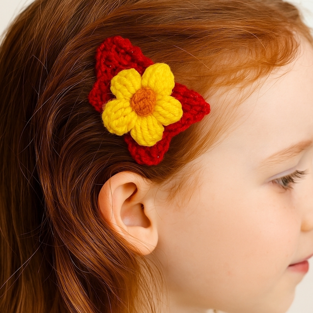 Hand Knit Crochet Bow Hair Clip Red Yellow Flower